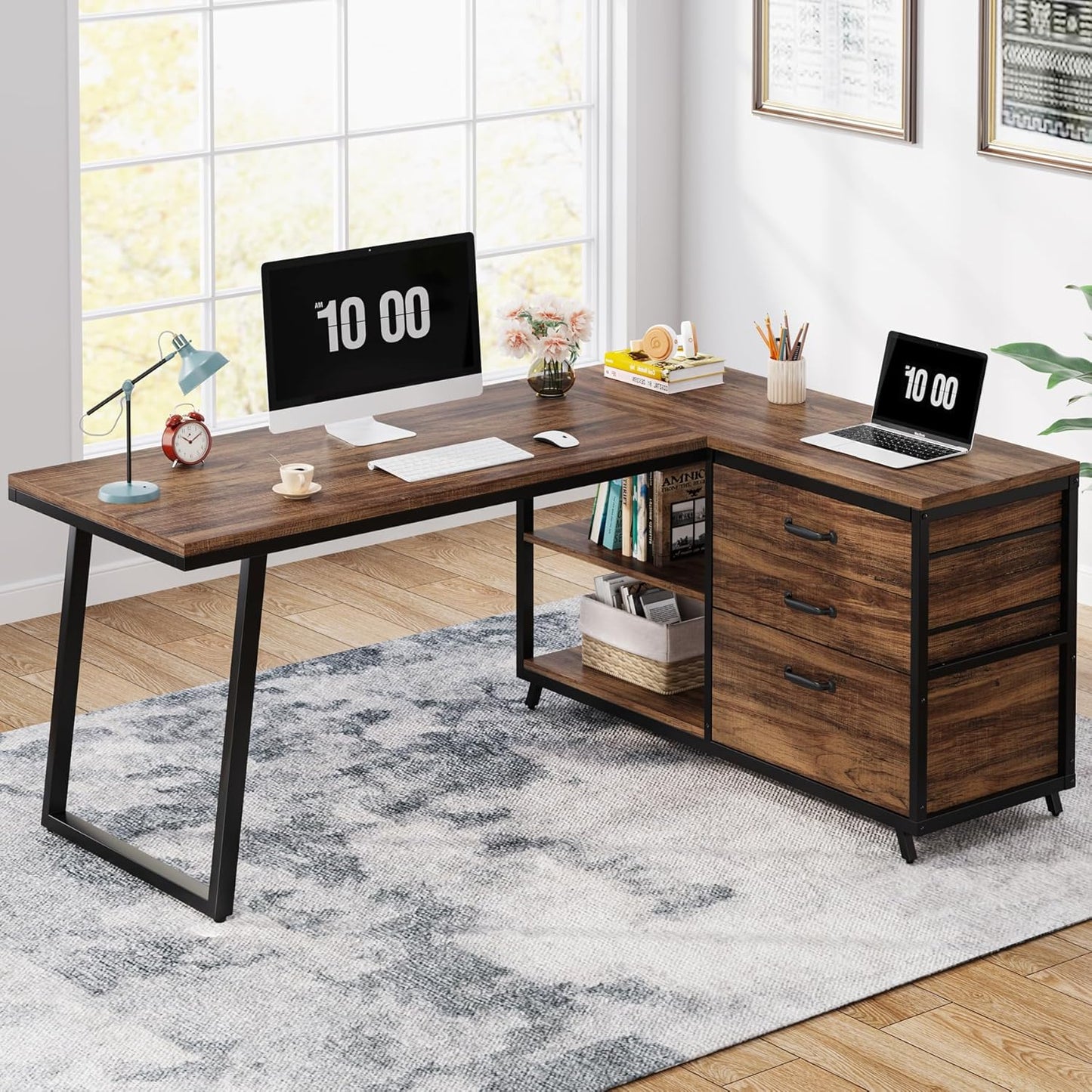 L-Shaped Computer Desk with 3 Drawers, Reversible Corner Home Office Desk with Shelves, 53-Inch Industrial PC Desk Study Writing Table Workstation for Small Space, Rustic Brown