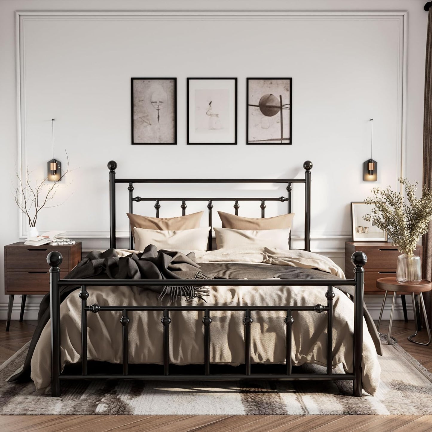 14'' Queen Size Metal Platform Bed Frame/Victorian Headboard and Footboard/Steel Slats Mattress Foundation for Storage/No Box Spring Needed/Noise Free/Black