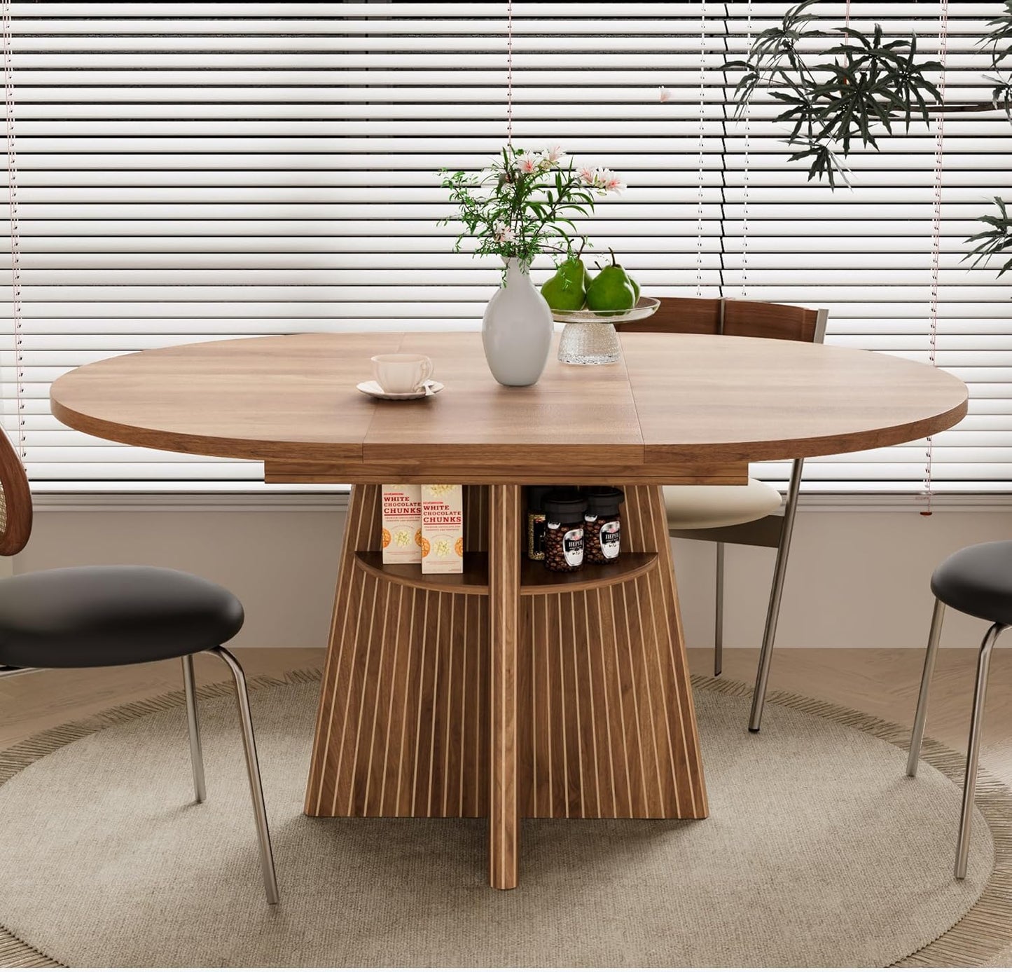 43.3In-59In Extendable Dining Room Table for 4-8, round Expandable Kitchen Table with Fluted Base, Modern Oval Dinner Tables with 4 Storage Shelves for Kitchen Living Room (Walnut, 43.3In)