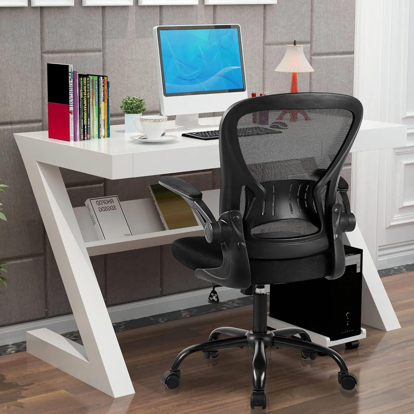 Mesh Office Chair, Ergonomic Home Office Desk Chairs with Flip-Up Arms and Lumbar Support, Height Adjustable, Black