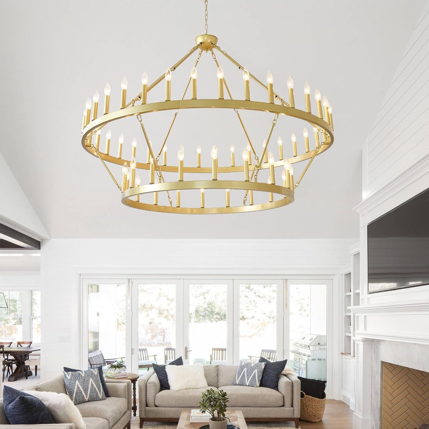 2 Tier Gold Wagon Wheel Chandelier 54-Light, 60 Inch Modern Large Foyer Lighting, Farmhouse Industrial Satin Gold Chandeliers for High Ceilings Dining Room Living Room Foyer Hall