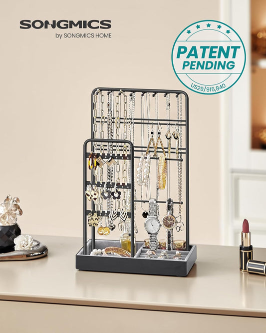 Jewelry Holder, Jewelry Organizer, Jewelry Display Stand with Metal Frame, Velvet Tray, Necklace Earring Bracelet Holder, for Studs, Rings, Gift Idea, Ink Black UJJS021B01
