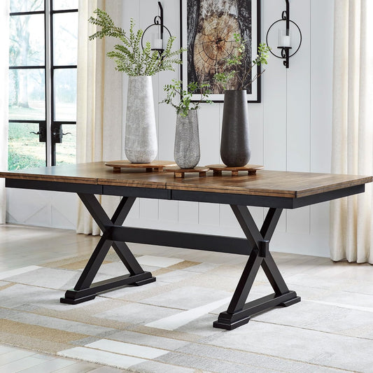 Wildenauer Farmhouse Dining Extension Table with Self-Storing Butterfly Leaf for 6-8 People, Black & Dark Brown