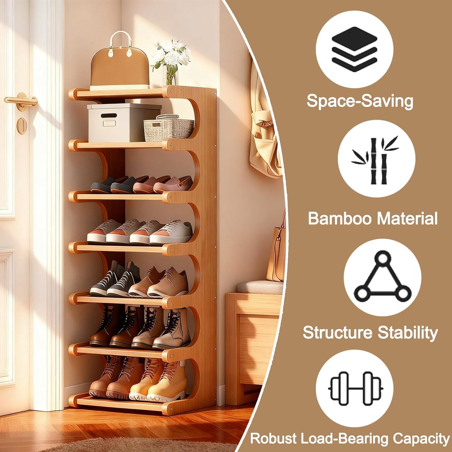 7-Tier Vertical Shoe Rack, Bamboo Free Standing Shoe Rack Shelf, Shoe Storage Stand, Entryway Shoe Tower, Vertical Shoe Organizer for Narrow Closet, Entryway, Hallway