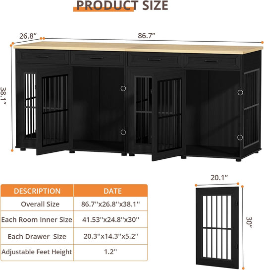 86.7 in Dog Crate Furniture for 2 Dogs, Extra Large Double Dog Cage Furniture TV Stand with Removable Divider, Wooden Dog Kennel Indoor, XXL Thick Dog Crate for Large Medium Dogs, Black/Natural