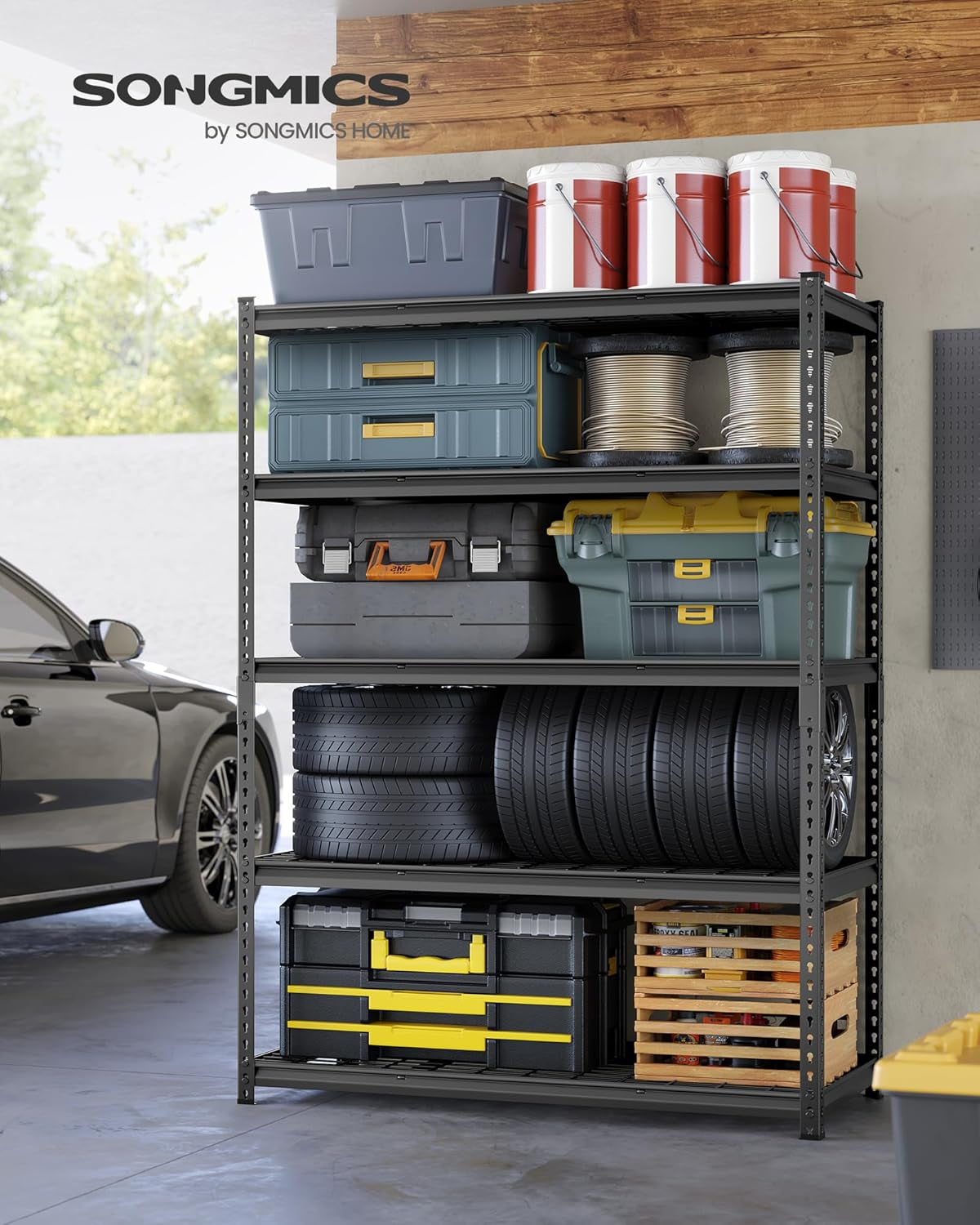 5-Tier Storage Shelves, Heavy-Duty Garage Shelving, Adjustable Shelving Unit, Steel Shelf, Boltless Assembly, for Garage, Shed, 2,200 Lb Load, 24 X 48 X 72 Inches, Ink Black UGLR454B01
