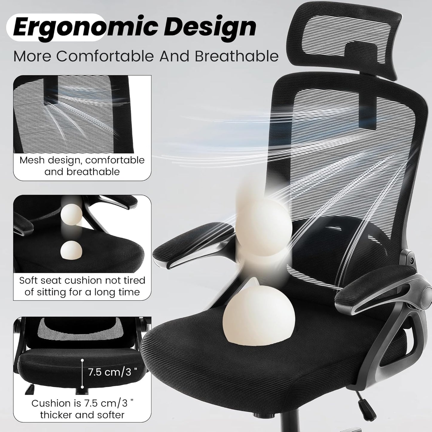 Ergonomic Office Chair, 400 LBS Computer Chairs with Adjustable Lumbar Support, Breathable Mesh Desk Chair Ergonomic with Thickened Cushion, Comfy Home Office Desk Chair (Black)