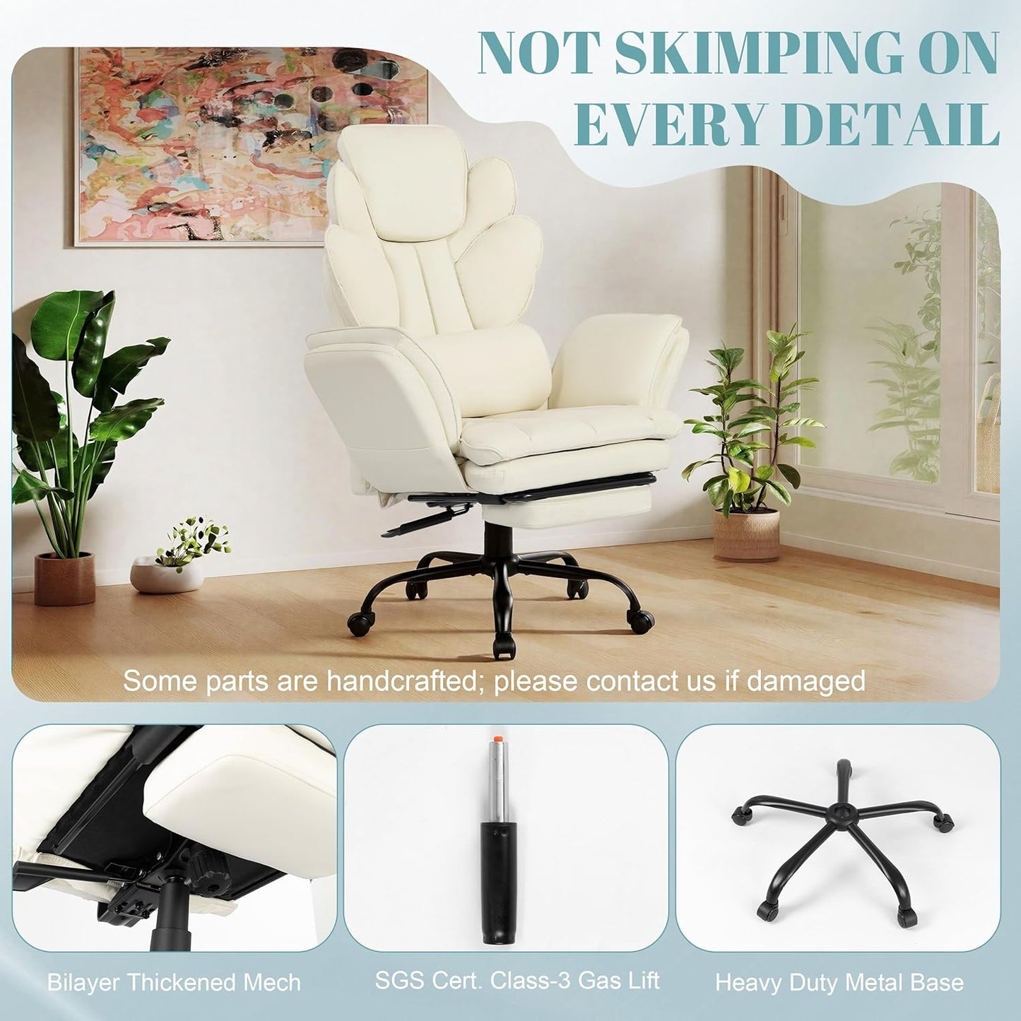 White leather reclining criss cross office chair with footrest, view 9