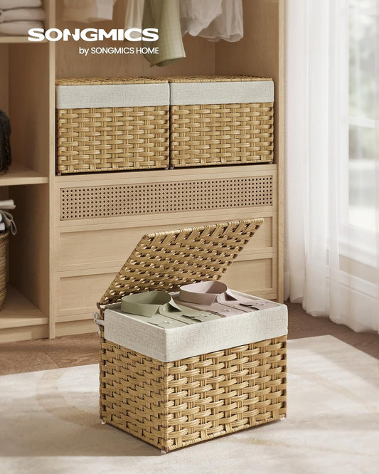 Storage Basket with Lid, Woven Blanket Storage Bin with Handles, Foldable, Removable Liner, Metal Frame, for Bedroom, Laundry Room, 9.2 Gallons (35 L), Natural URST040YE01