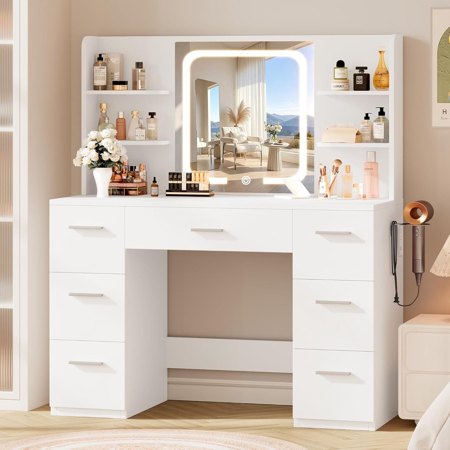 Large Makeup Vanity Desk, 43.3”W X 15.7“D X 53.2”H, White (Large Desktop, Samrt LED Mirror, 4 Open Shelves, 7 Drawers, Hairdryer Rack, Power-Outlet)