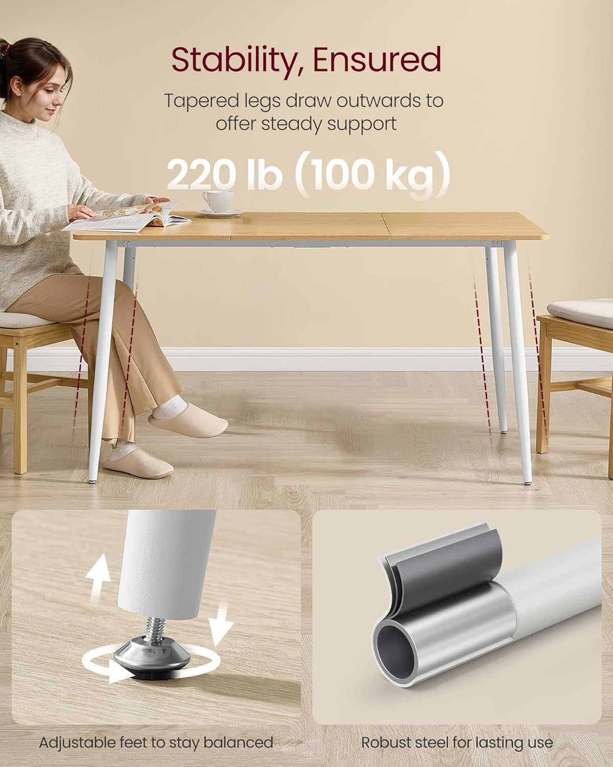 Dining Table, Dining Room Table for 4-6 People, Modern Farmhouse, for Kitchen, Quick Assembly, Heat-Resistant Surface, 29.5 X 55.1 X 29.5 Inches, Golden Oak and Cloud White UKDT100N01V2