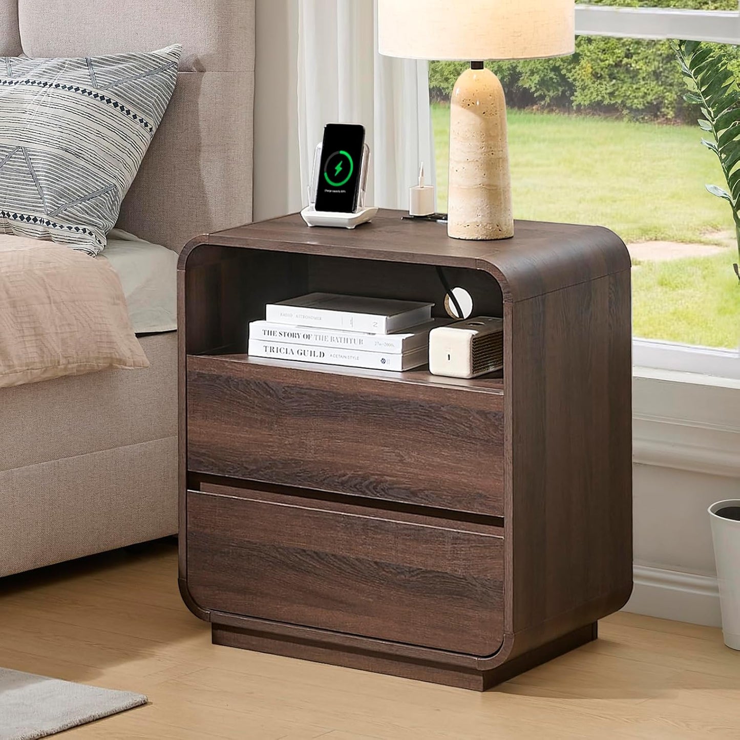 Modern Nightstand Set of 2, 23.2" Wide Wood Bedside Table with Charging Station, 3 Storage Drawers Side Table Curved Profile, Handleless, Large End Table Night Stand for Bedroom, Walnut 