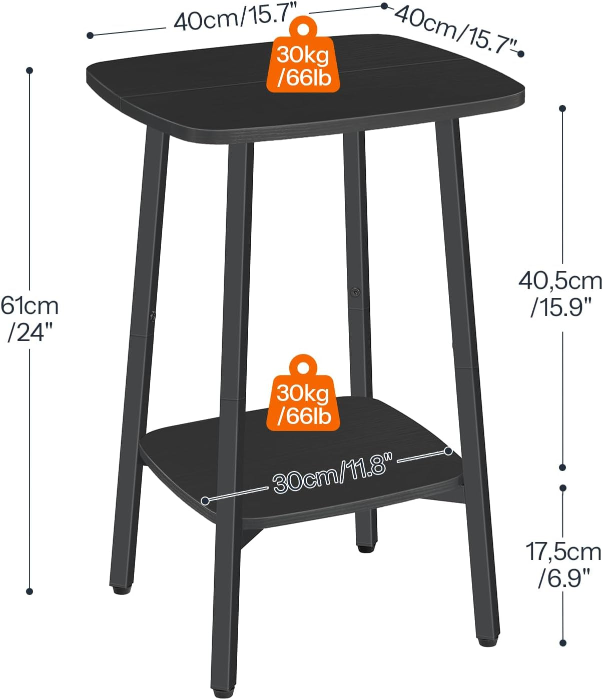 Side Table, 2-Tier Square Sofa End Table, Small Storage Nightstand, for Small Spaces, Living Room Bedroom Accent Table, Rustic Brown and Black BF181BZ01