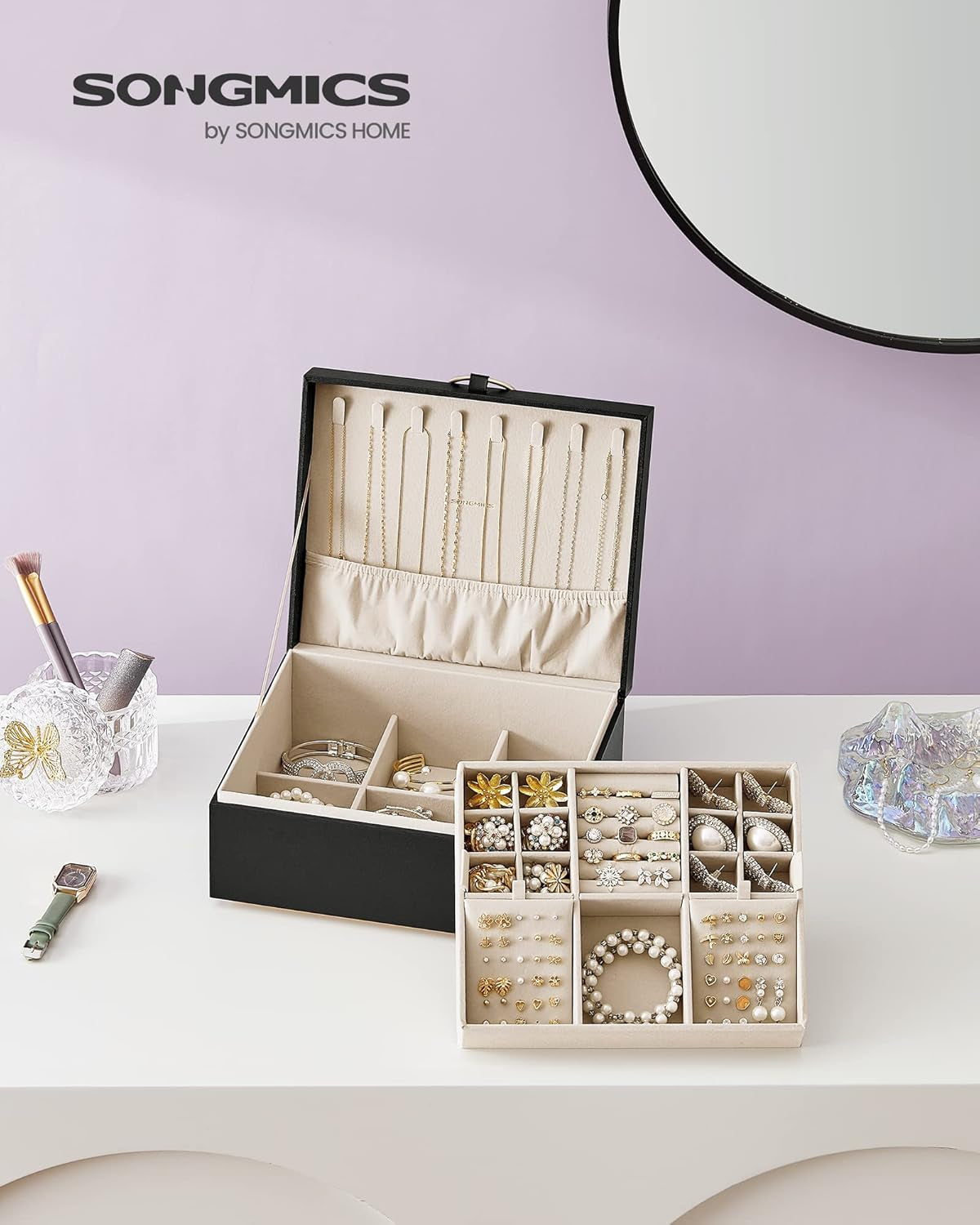 2-Layer Jewelry Box with Handle and Rectangular Travel Jewelry Box Bundle, Removable Jewelry Tray, with Mirror, PU, Zippers, Gift Idea, Ink Black UJBC165B01 and UJBC180B01