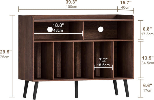 Record Player Stand, Turntable Stand with Vinyl Storage, Record Player Cabinet up to 350 Albums, Cube Storage Organizer for Living Room, Walnut