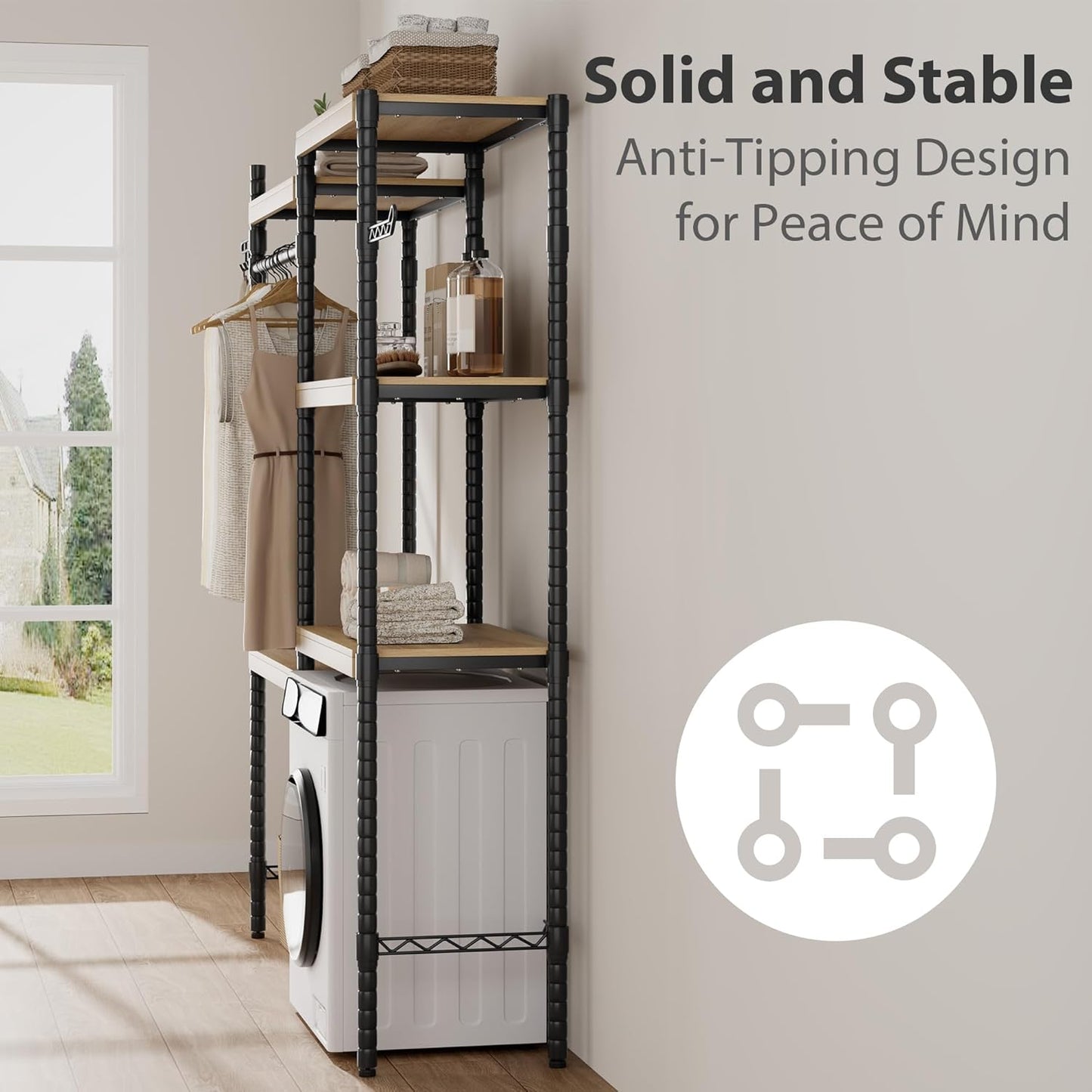 28" Over-The-Toilet/Washer Shelf – 5-Tier Laundry Organizer with Double-Layer Wood Shelves (100LB Capacity), Adjustable Height Storage for Small Spaces (Natural& Black)