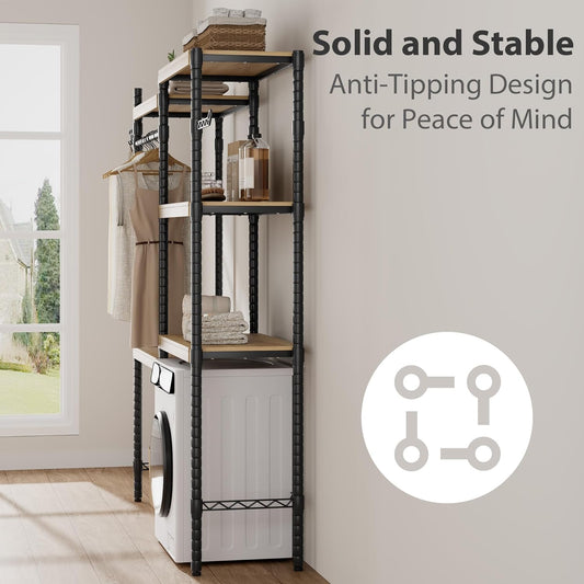 28" Over-The-Toilet/Washer Shelf – 5-Tier Laundry Organizer with Double-Layer Wood Shelves (100LB Capacity), Adjustable Height Storage for Small Spaces (Natural& Black)