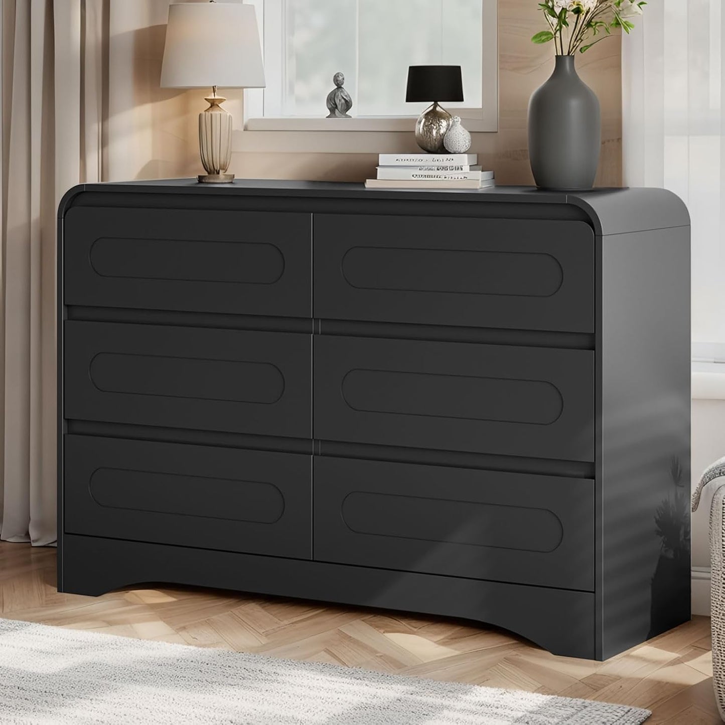 3 Piece Bedroom Set, Dresser and Nightstand Sets for Bedroom, Wood 6 Drawer Dresser & Night Stand Set of 2, Wide Chest of Drawers Modern Storage Cabinet Bedroom Furniture Set, Black