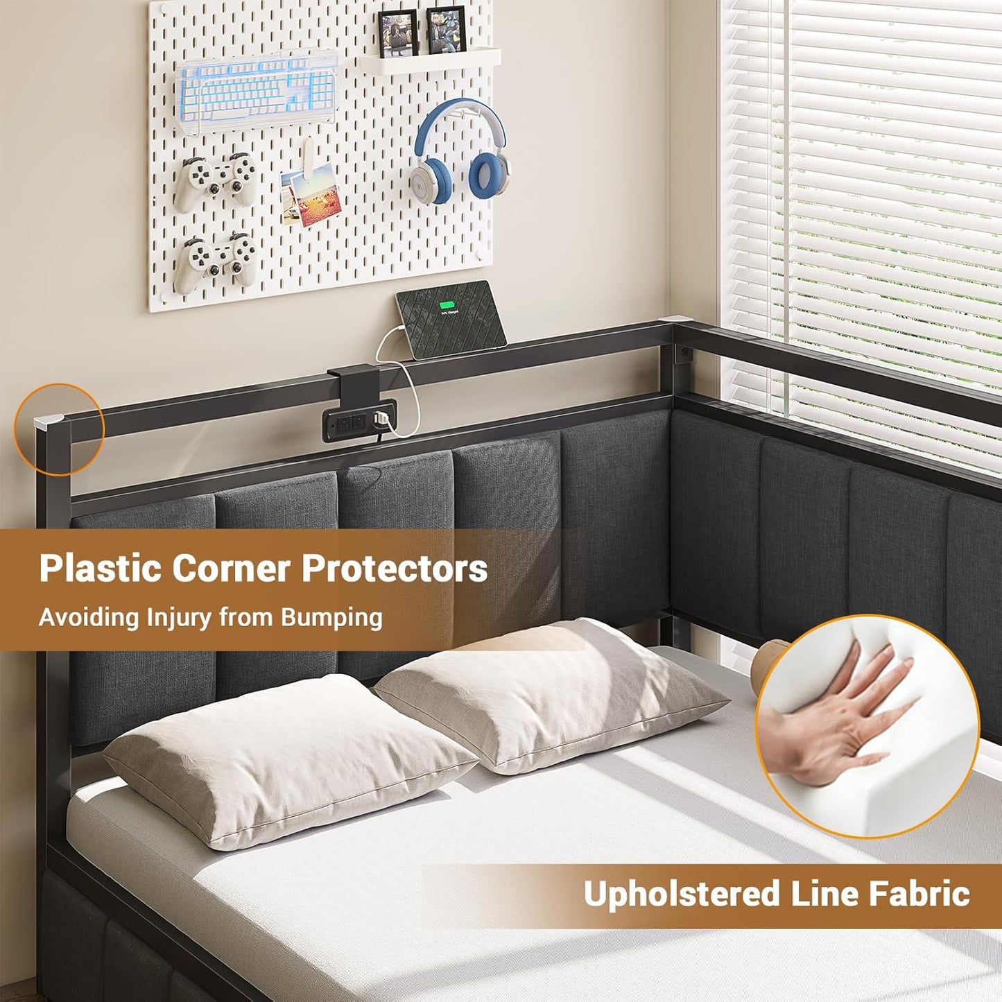 Corner Bed Frame with Storage Drawers, Twin Daybed with Line Fabric Upholstered Fence, Kids Bed Unit with LED Light and Charging Station, Modern Bed Frame