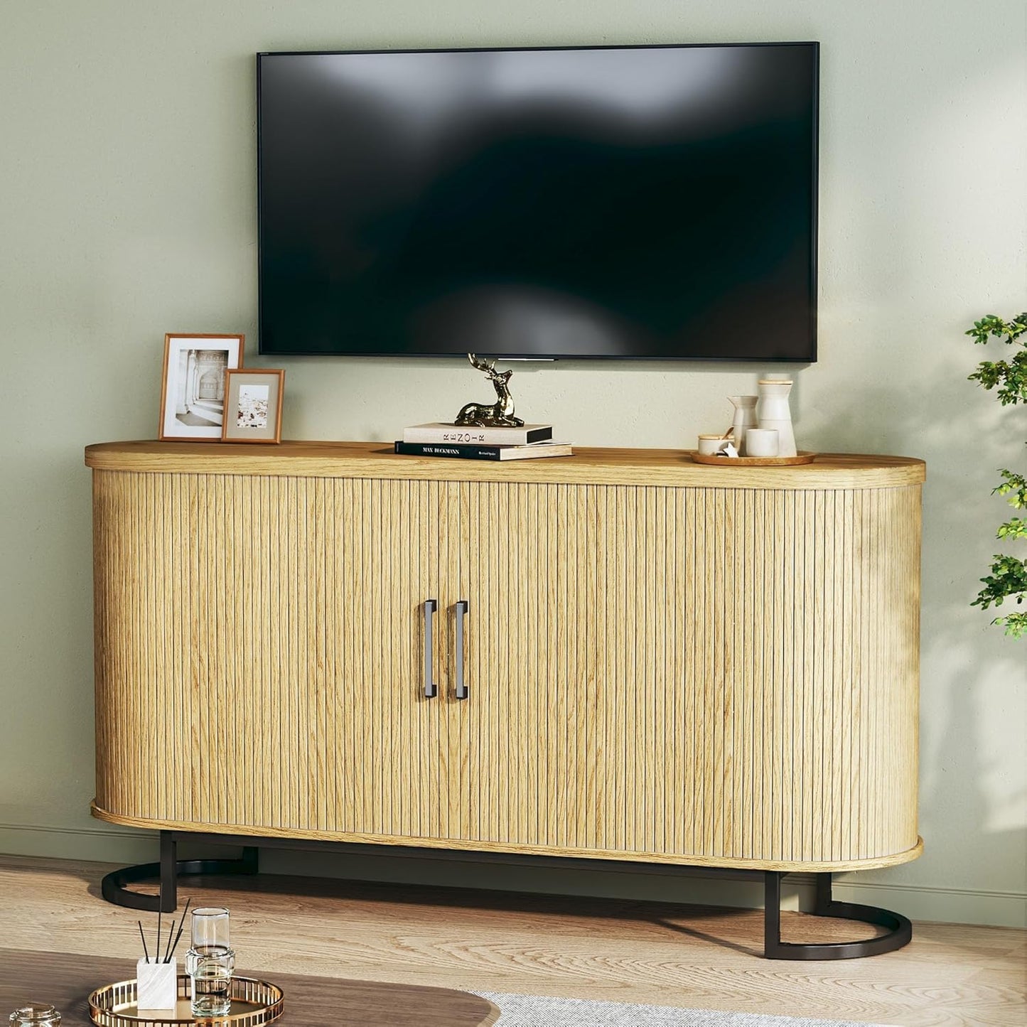 Sideboard Buffet Cabinet with Storage, 54.3" Fluted Tambour, Adjustable Shelves, Mid Century Modern Console for Living Room Kitchen