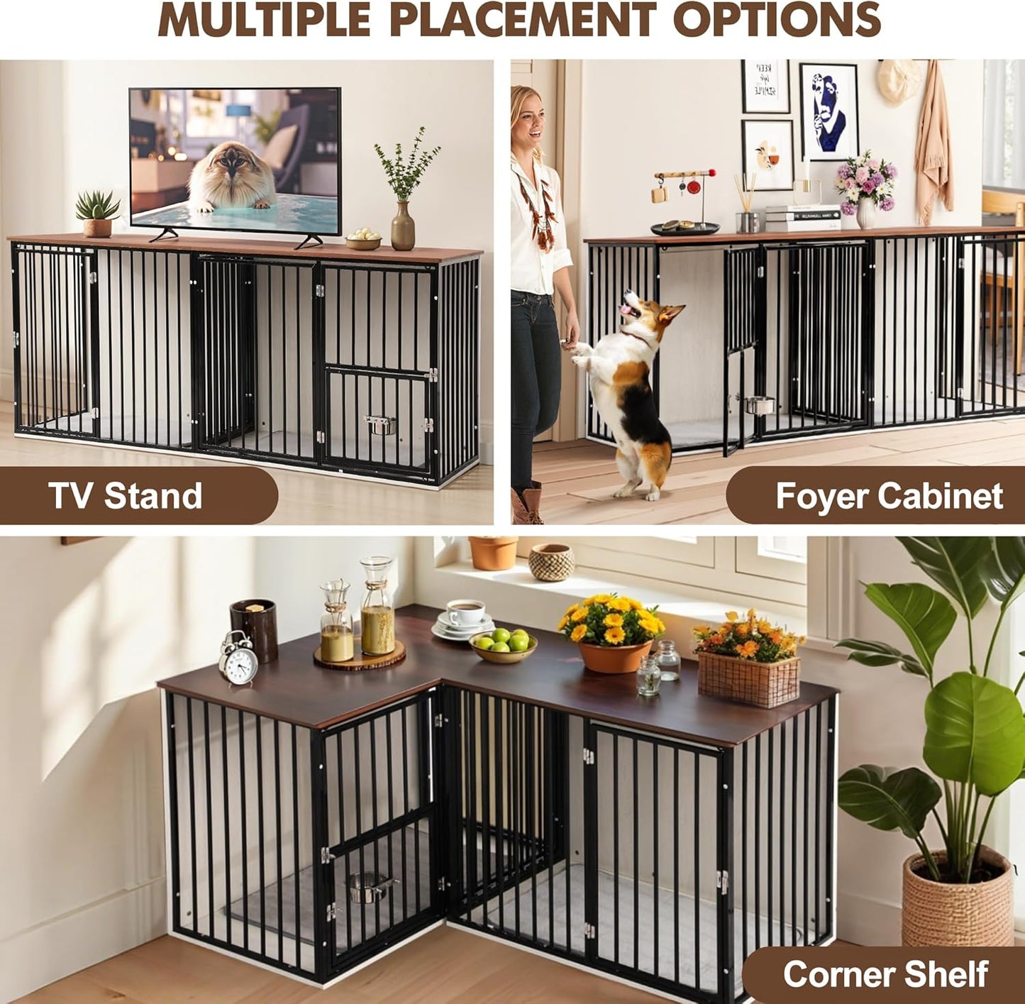2 Dogs 60"-80" Double Crate Furniture for Large Medium Dogs, Heavy Duty Indoor Dog Kennel TV Stand with Dividers, Double-Room Indoor Dog House with Removable Trays (Black)