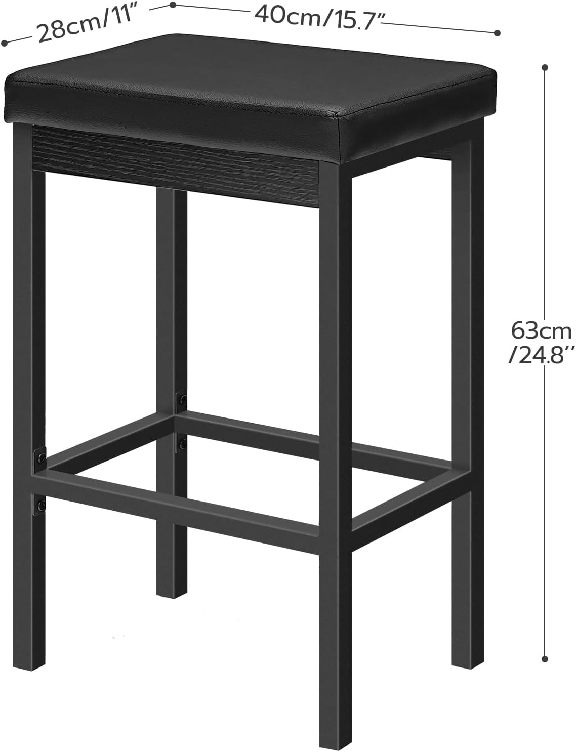 Bar Stools, Set of 2 Bar Chairs, 24.8-Inch Height Stools, Breakfast Bar Stools, Kitchen Stools, 2" Thick Upholstery, for Kitchen, Dining Room, Cafe, Bar Counter, Black BB21BY01
