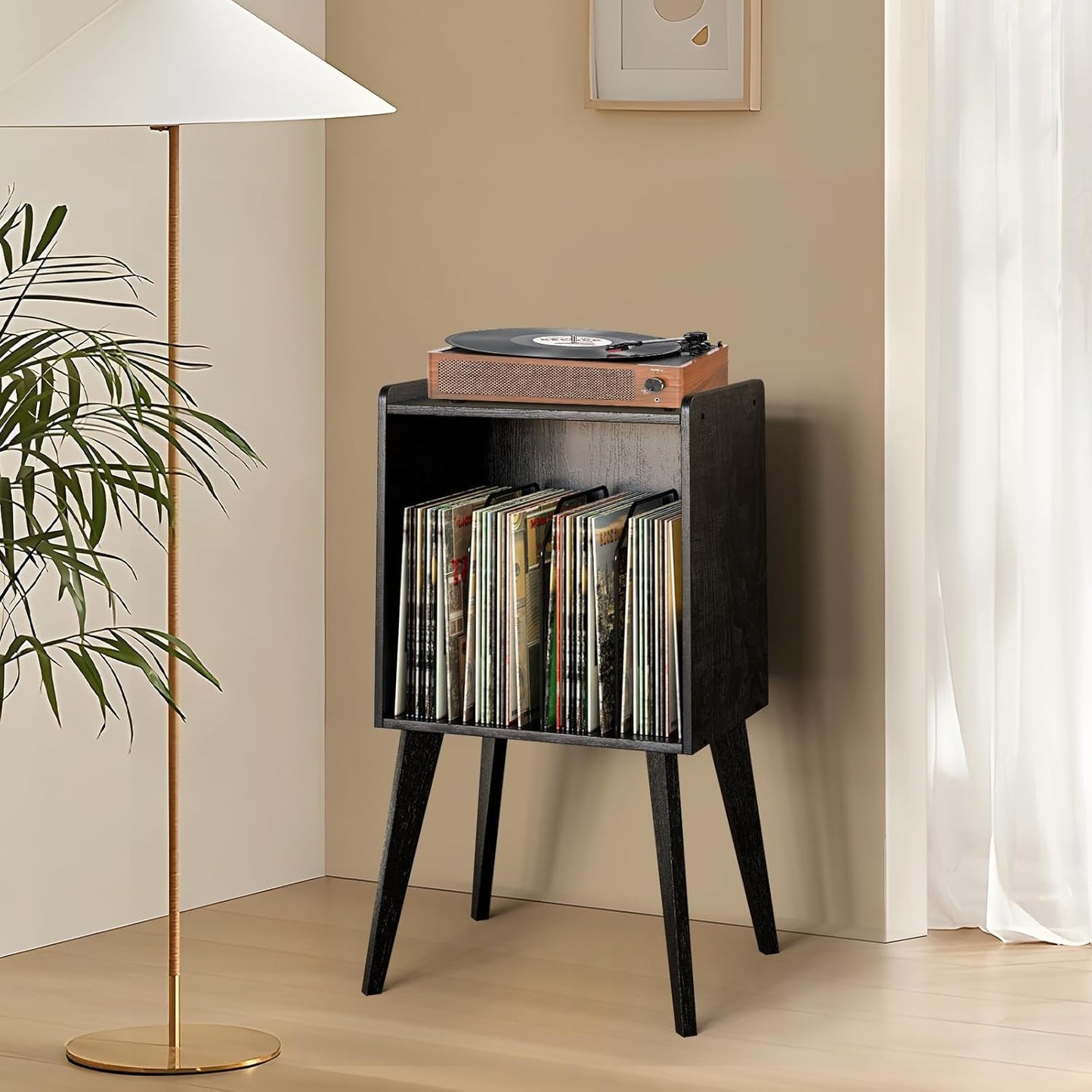 Record Player Stand – Mid-Century Vinyl Record Storage Stand Holds up to 160 Albums, Small Space Record Player Organizer Shelf with Wood Legs, Turntable Stand for Living Room, Bedroom