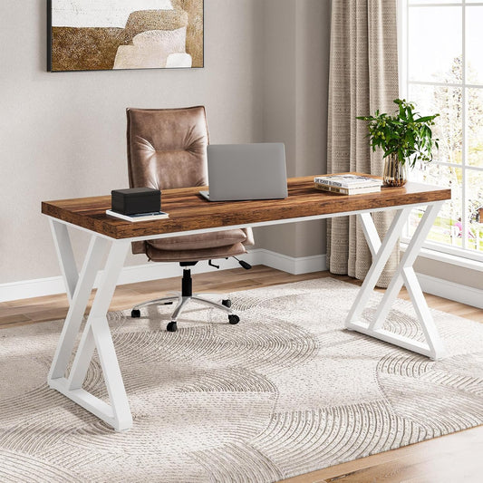 Modern Walnut/White 55" Heavy Duty Computer Desk, Study & Work Desk, 23.6"D X 55.1"W X 29.5"H, Z-Shaped Metal Legs, 330 Lbs Capacity