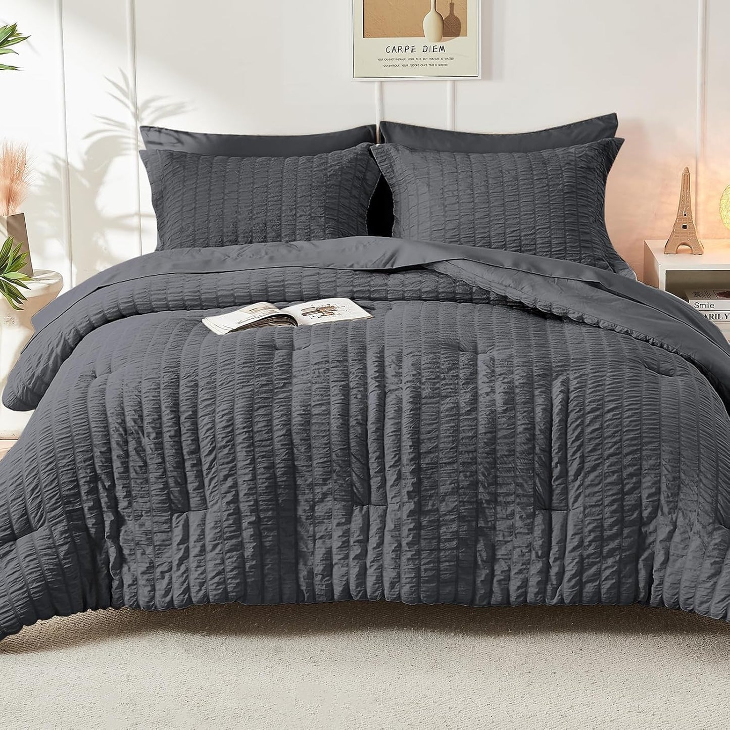 7 Piece King Size Comforter Set Seersucker, All Season Luxury Bed in a Bag for Bedroom, Bedding Set with Comforters, Sheets, Pillowcases & Shams, Dark Grey