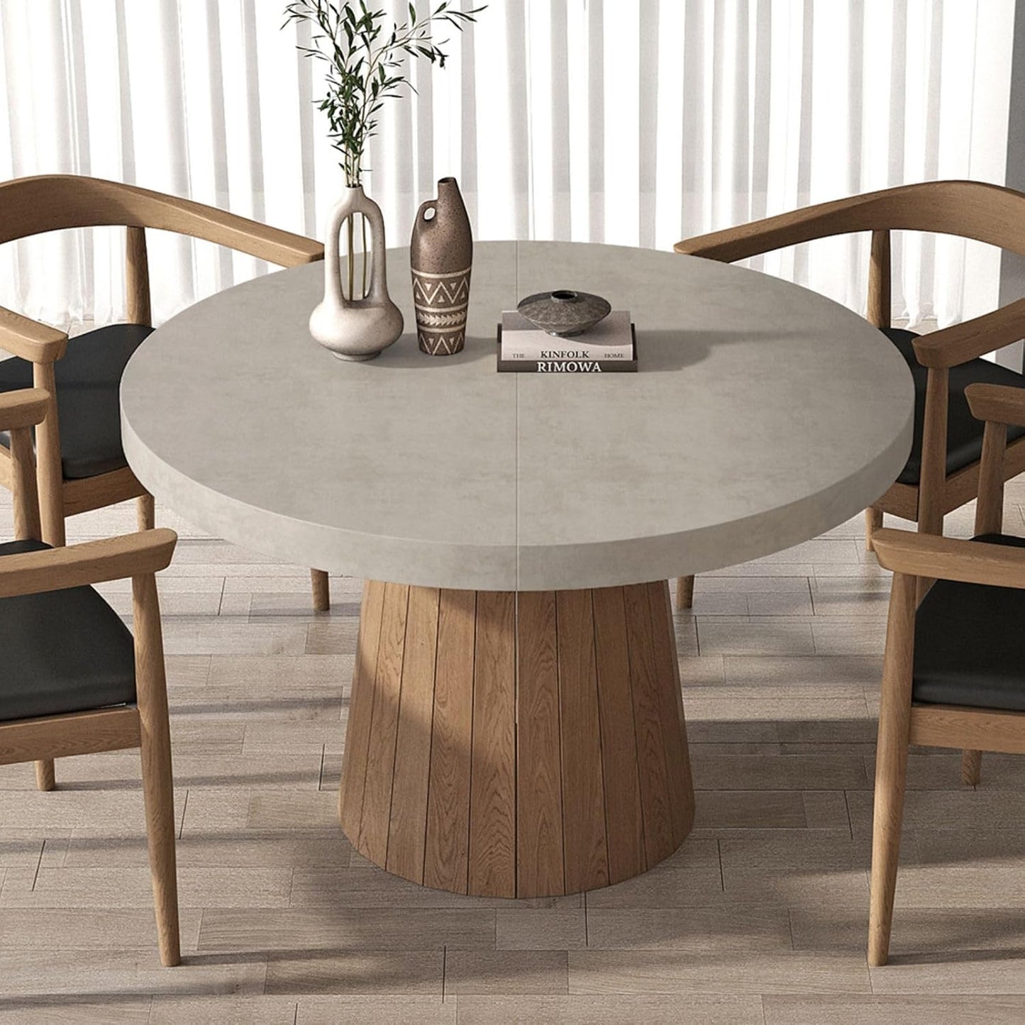 round Extendable Dining Table with Pedestal Base, 39"-55" Expandable Dining Room Table Oval Kitchen Dinette Table for 4-6 (Gray & Walnut)