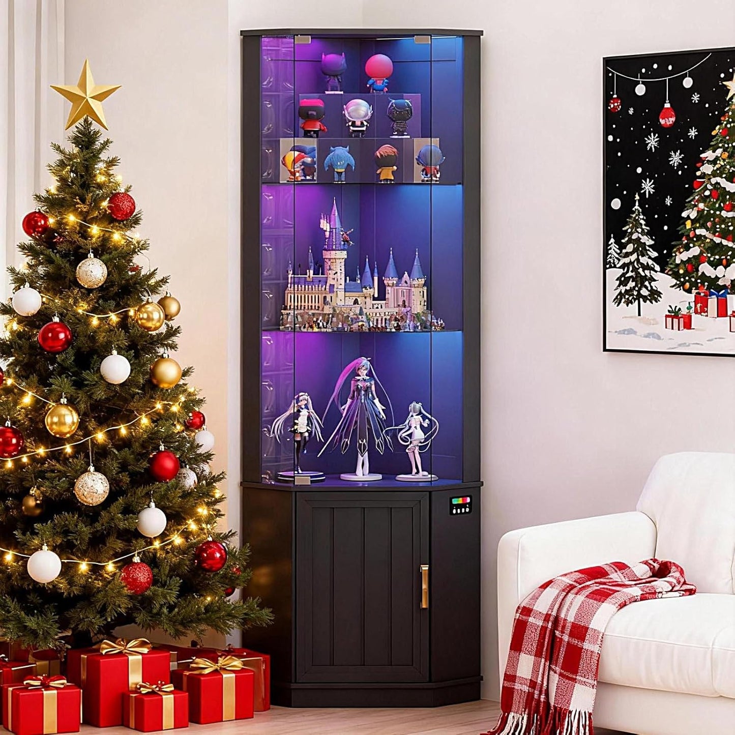 Black corner glass display cabinet with RGB lights and movable shelves, view 9