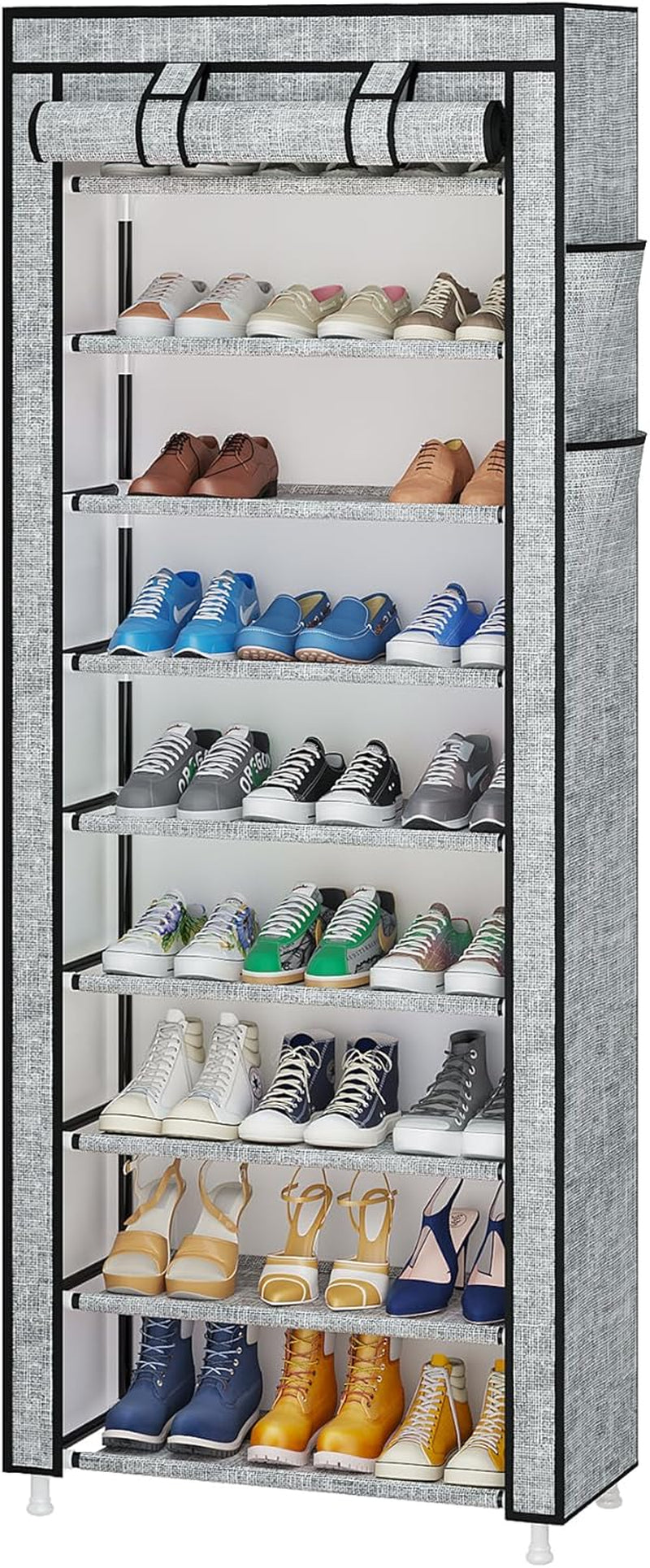 9 Tier Shoe Rack Organizer,Portable Shoe Shelf with Nonwoven Fabric Cover for Closet Hallway,Bedroom,Entryway, Ash Grey