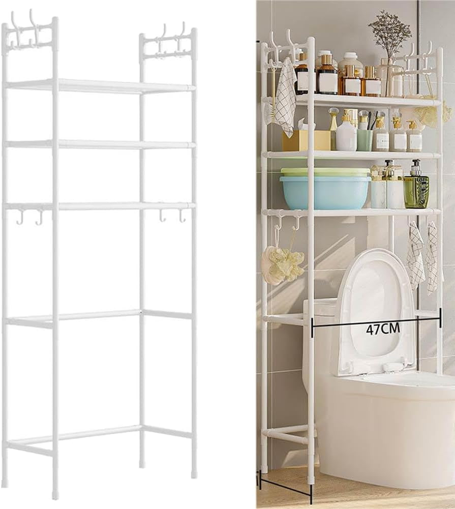 2-Tier over the Toilet Storage,Freestanding Metal Bathroom Shelves with 4 Hooks,Adjustable Shelf and Basket,Freestanding Space Saver Bathroom Shelves above Toilet for Room Black,White