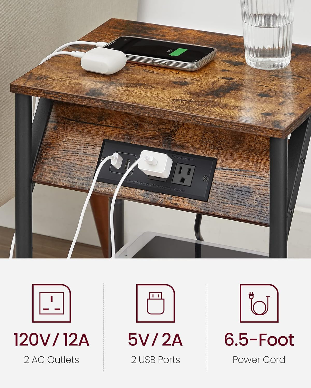 End Table with Charging Station, Set of 2, Small Side Tables for Living Room, Bedroom, Nightstand with Outlets and USB Ports, Bedside Table with Storage Shelf, Cream White
