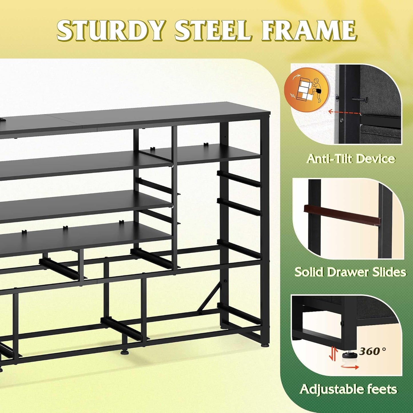 Black TV Stand for 55, 60, 65 Inch TV, Entertainment Center with LED Lights & Charging Station, TV Media Console Table with 15 Fabric Drawers and Open Shelves for Living Room, Hallway, Wood Topm