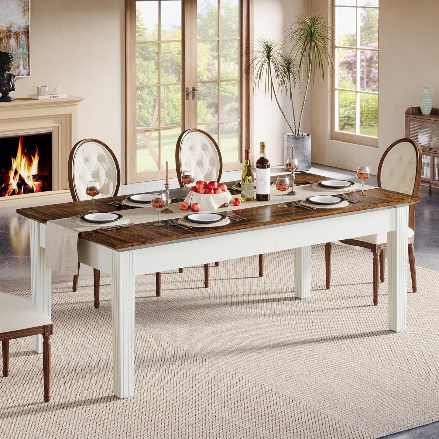Dining Table for 4-6 People, 62-Inch Rectangular Kitchen Table with Solid Wood Legs, Modern Farmhouse Dinner Table for Dining Room, Kitchen, Living Room, Rustic Brown & Cream White