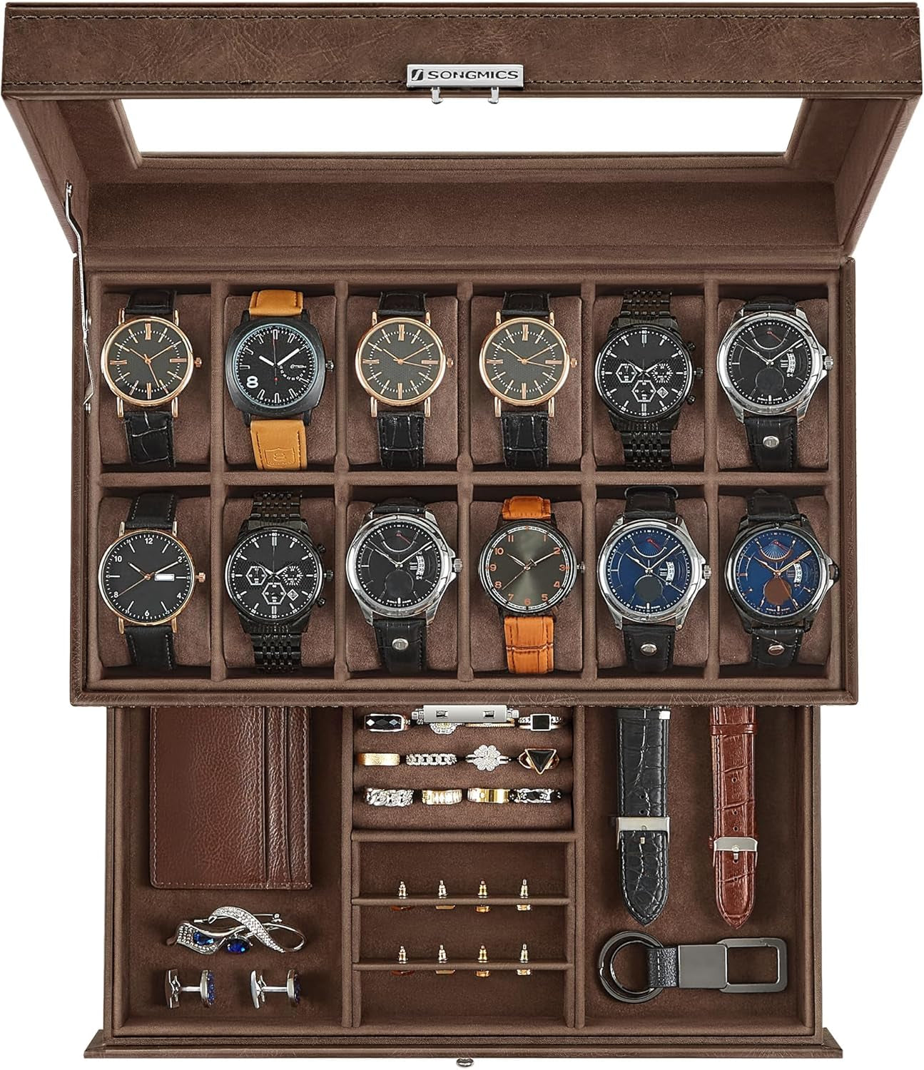 Watch Box, 20-Slot Watch Case Organizer with Large Glass Lid, Removable Pillows, Metal Lock, Gift for Loved Ones, Black Synthetic Leather, Wine Red Lining UJWB020R01