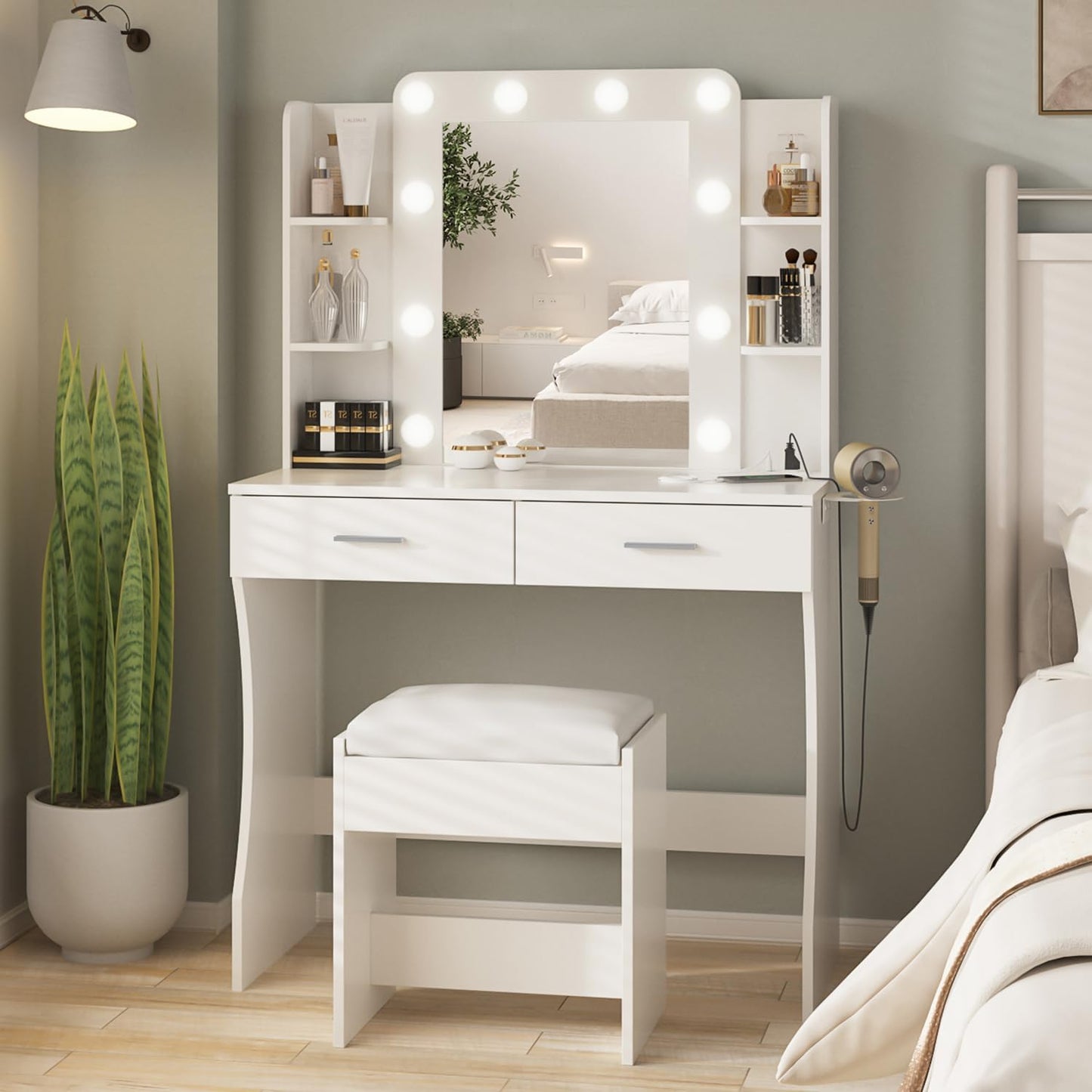 Vanity Desk with Lights,keup Vanity with Power Strip,Dressing Table Set with 2 Large Drawers,Vanity Mirror 3 Lighting Color Adjustable,White