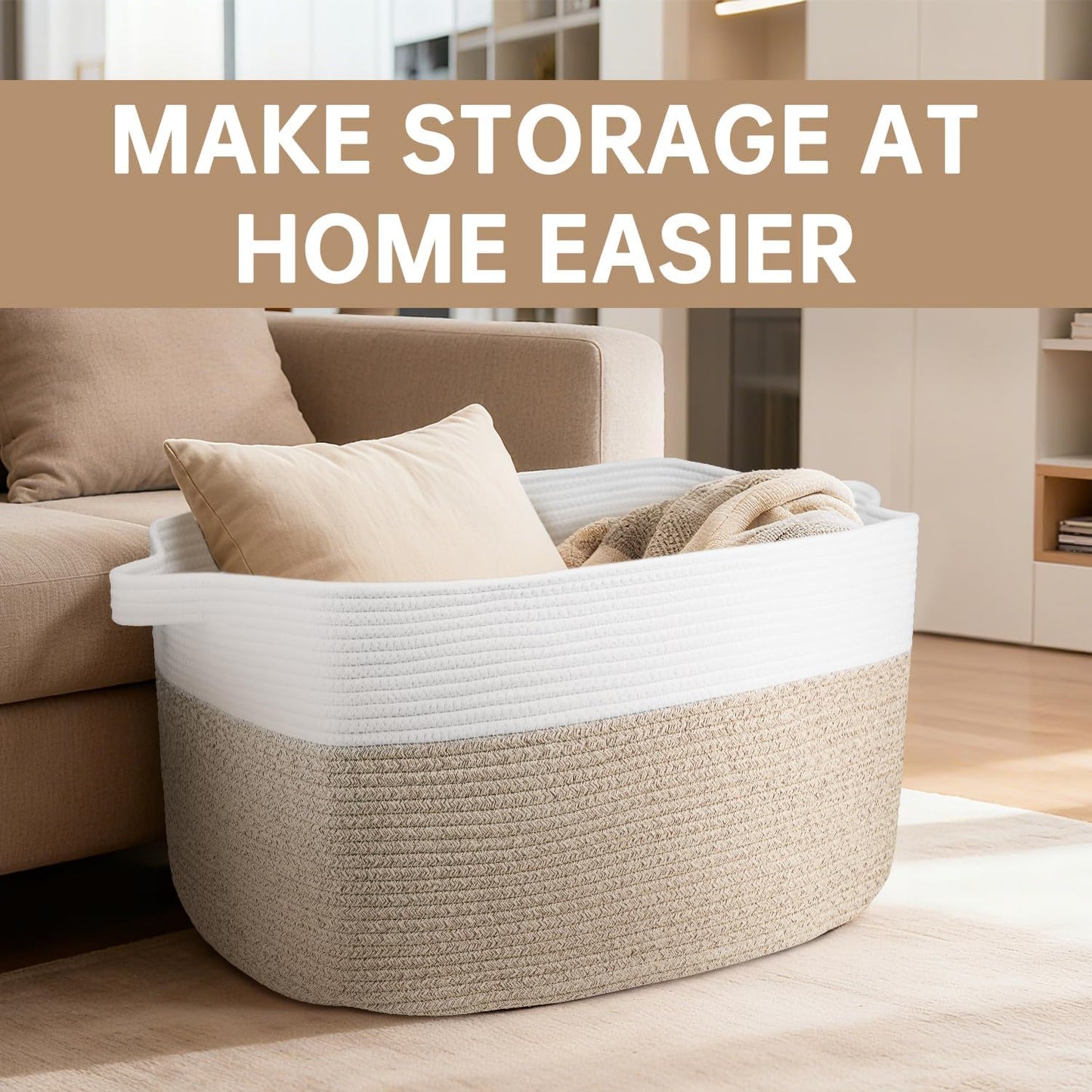 75L Large Cotton Rope Basket 22" X 17" X 12",Large Blanket Basket with Handle,Woven Baskets for Storage,Storage Baskets for Organizing