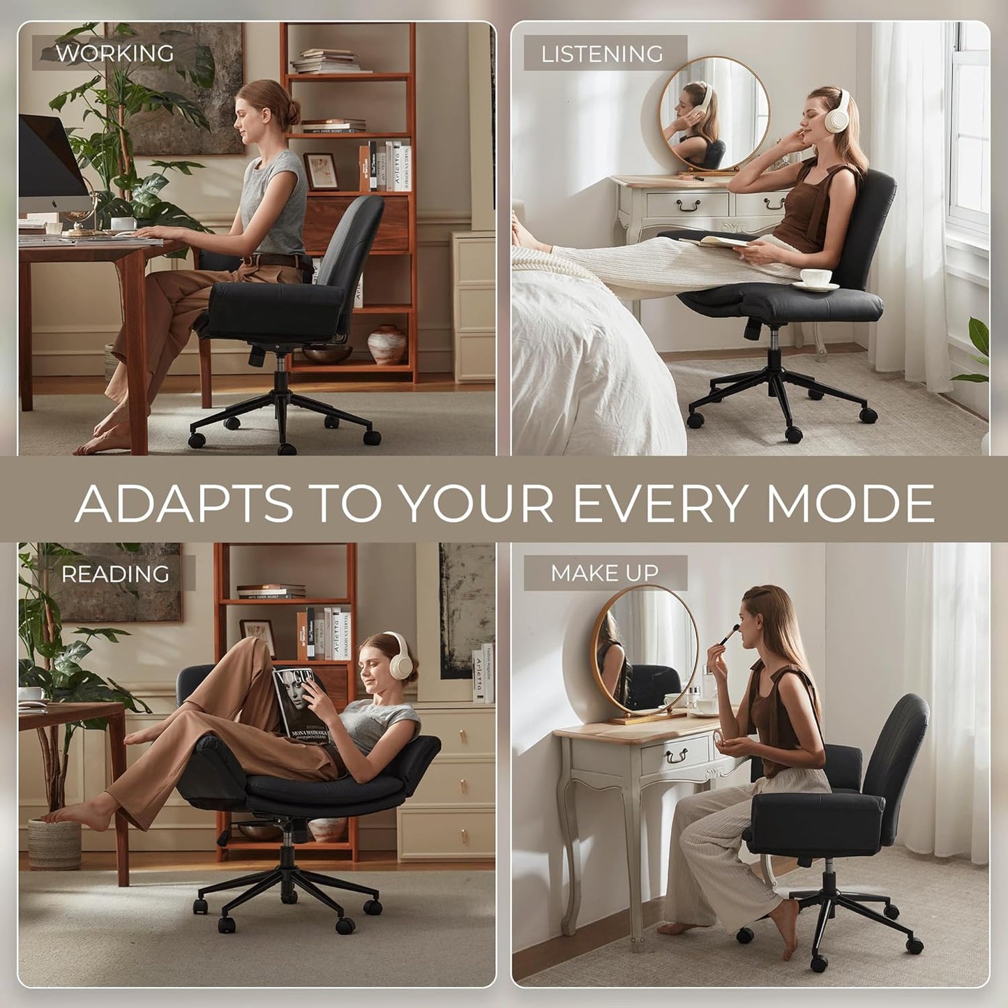 Criss Cross Chair with Five-Level Adjustable Arms and Wheels - Comfortable Ergonomic PU Leather Swivel Vanity Chair - Computer Makeup Gaming Chair for Home Office, Bedroom, Living Room (Black)