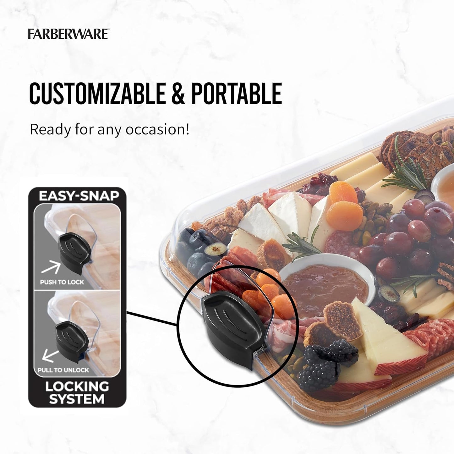 Build-A-Board Bamboo Cutting Board with Single Storage Compartment, Clear Locking Lid, Black Handles, Perfect for Charcuterie & Snacks