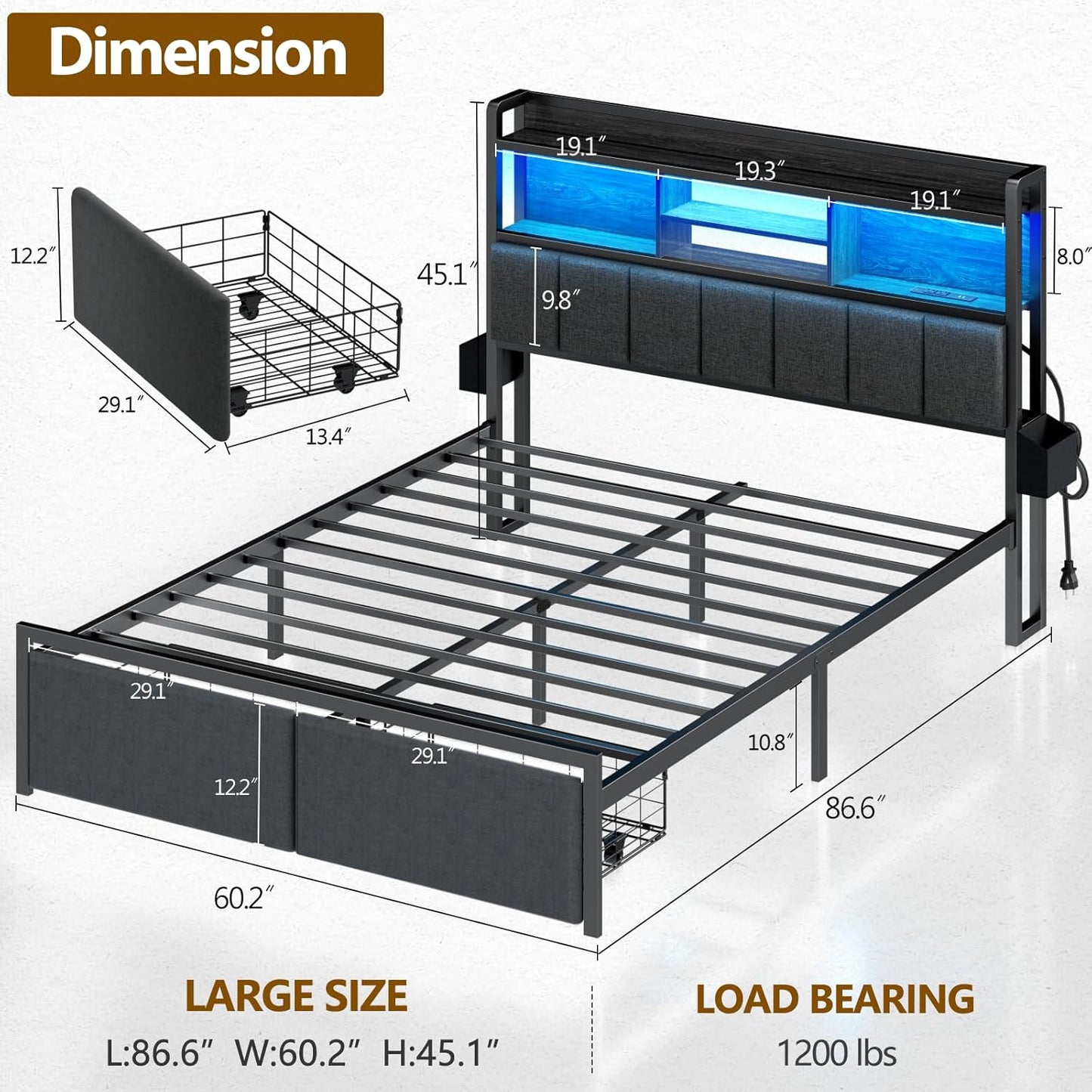 Queen Bed Frame with Storage Drawers, Upholstered Headboard with Storage Shelf, LED Lights and Charging Station, Metal Platform Bed Frame Queen Size, Noise Free, No Box Spring Needed, Black
