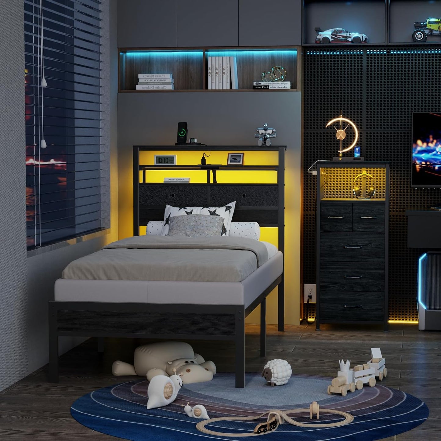 Twin Bed Frames with Charging Station and LED Lights, Wood Headboard with 2 Fabric Drawers and Storage Shelves, Twin Size Platform Bed with Metal Slats, No Box Spring Needed, Black Oak