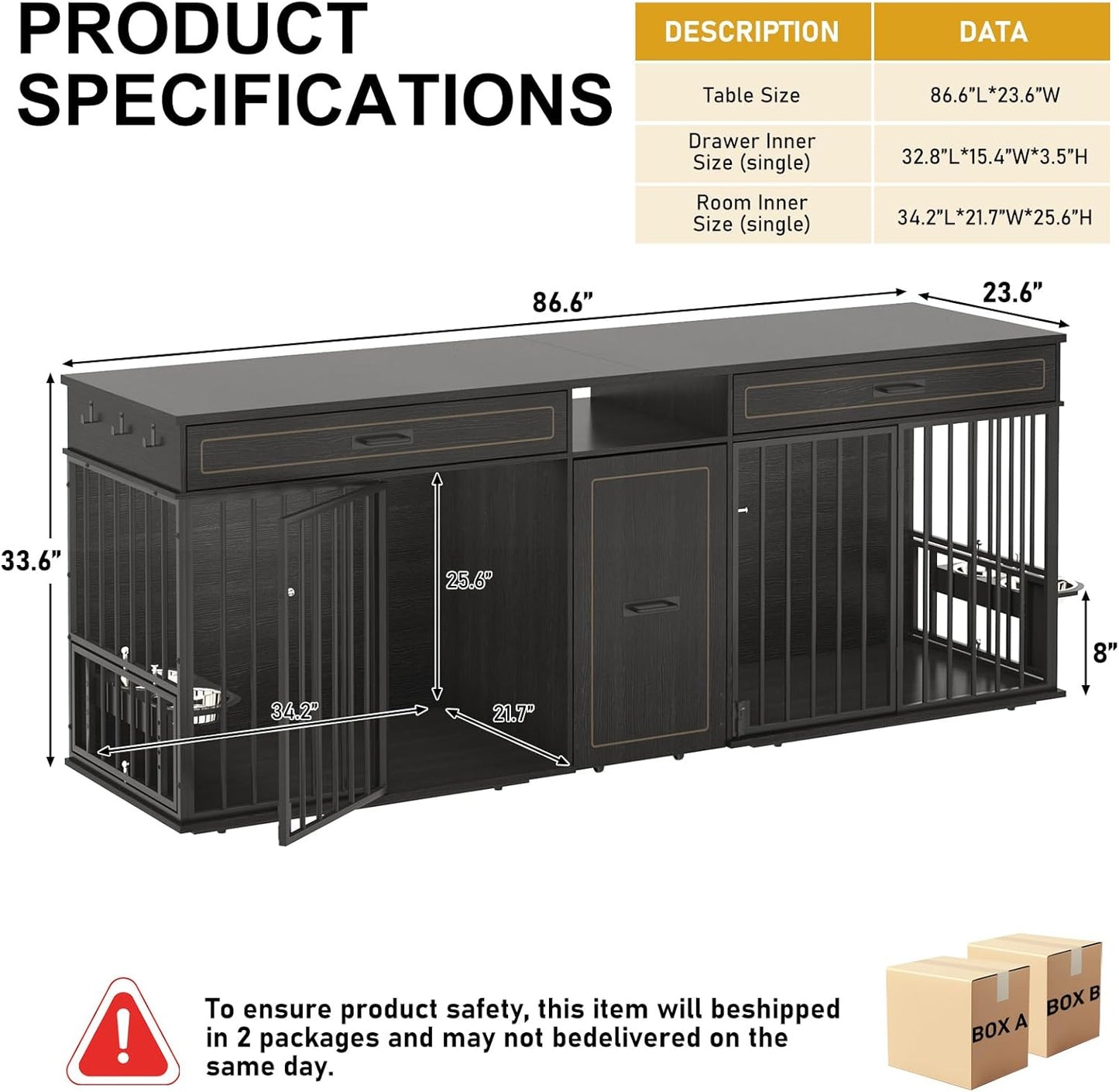 86.6" Dog Crate Furniture Large Breed TV Stand with Double Rooms, Wooden Dog Kennel Furniture with Dog Bowl, 2 Drawers and Cabinet for Large Medium Dogs, Black