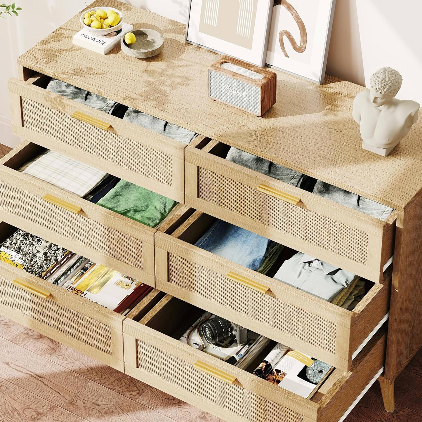 6 Drawer Double Dresser for Bedroom, Rattan Chest of Dressers, Modern Wooden Dresser Chest with Golden Handles, beside Table for Closet, Living Room and Entryway, Natural