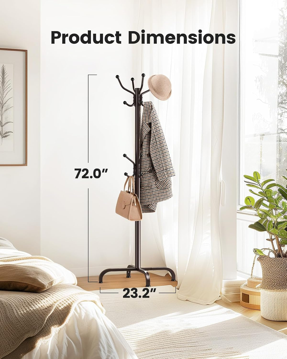 Coat Rack with 14 Hooks, Freestanding Coat Rack Stand for Entryway, Hallway, Bedroom, and Office, Metal Coat Tree & Hat Rack for Coats, Hats, and Bags, Brown