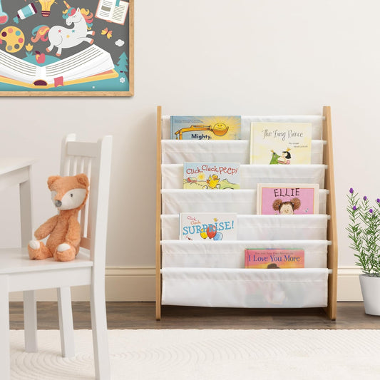 Kids Bookshelf 6-Tier Book Rack Organizer, Extra Large Toddler Bookcase with Fabric Storage Pockets, Front-Facing Display for Children’S Books, White/Natural Wood, Nursery/Playroom Storage