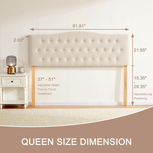 Tufted Upholstered Headboard Queen Size, Sturdy and Durable Solid Wood Bed Headboard, Fabric Headboard Adjustable Height from 37” to 51”, Modern Button Diamond Design Head Board, Beige