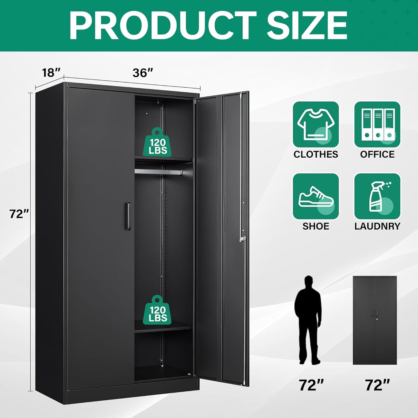 Metal Wardrobe Cabinets with Lock,Clothing Locker 72" X 36" X 18" Storage Cabinets for Home Room,Fire Department, School, Employee,Gym,Government (Black)