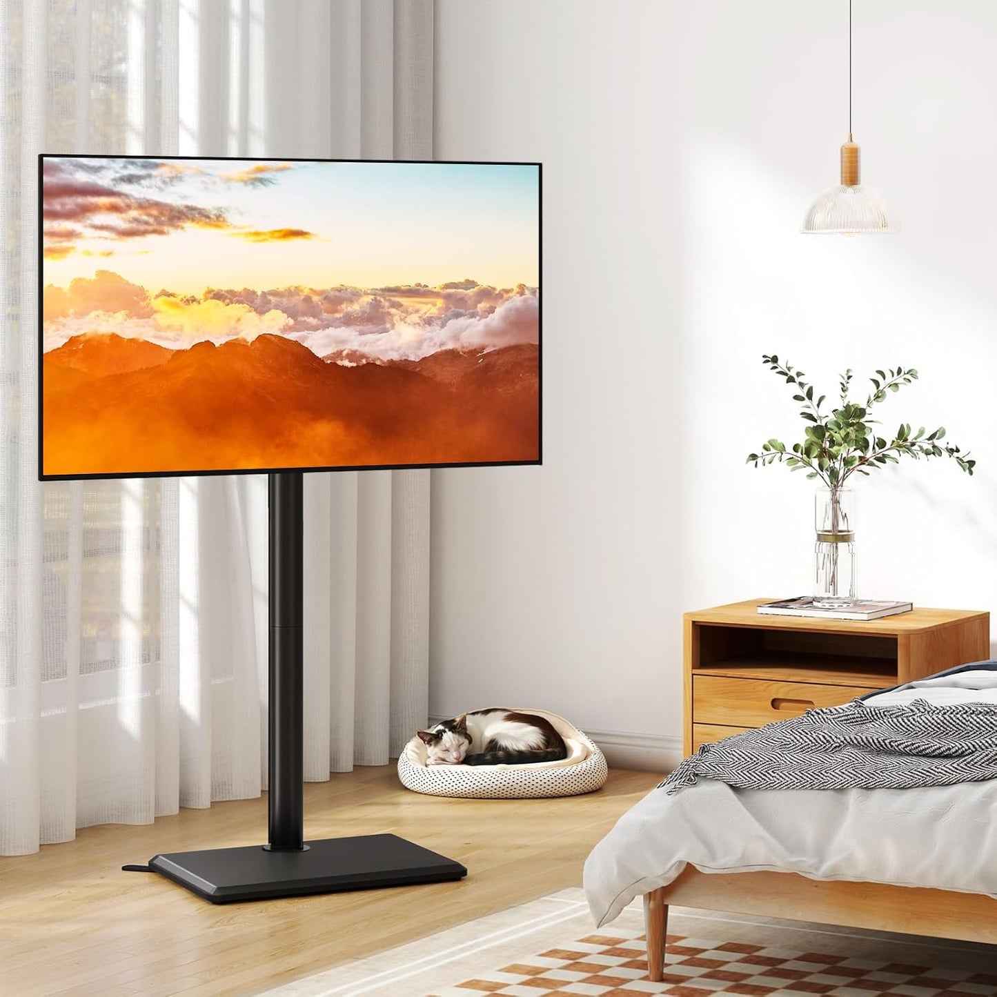 Swivel floor TV stand mount with wood base and adjustable height, view 8